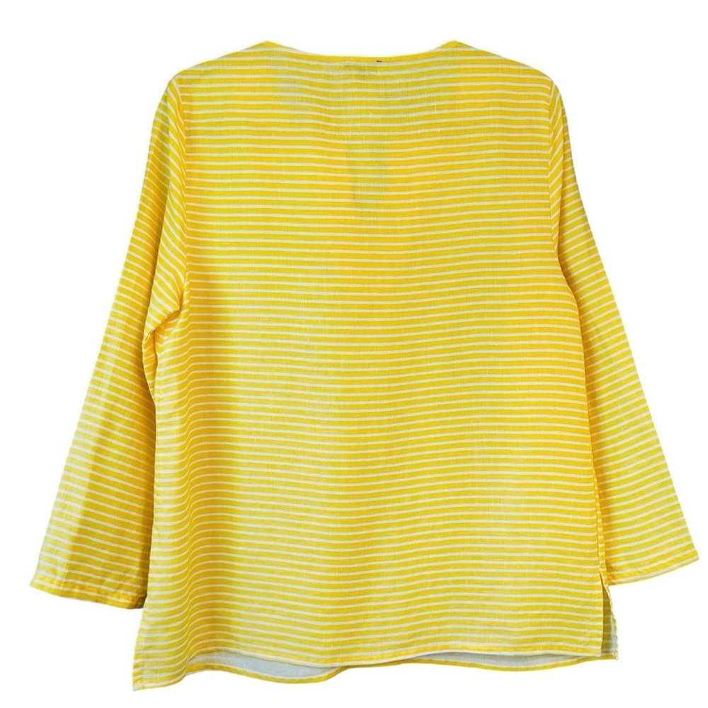 Talbots M Linen Top Yellow White Stripe V Notch Embroidery Beaded Coastal Beach - Picture 9 of 13